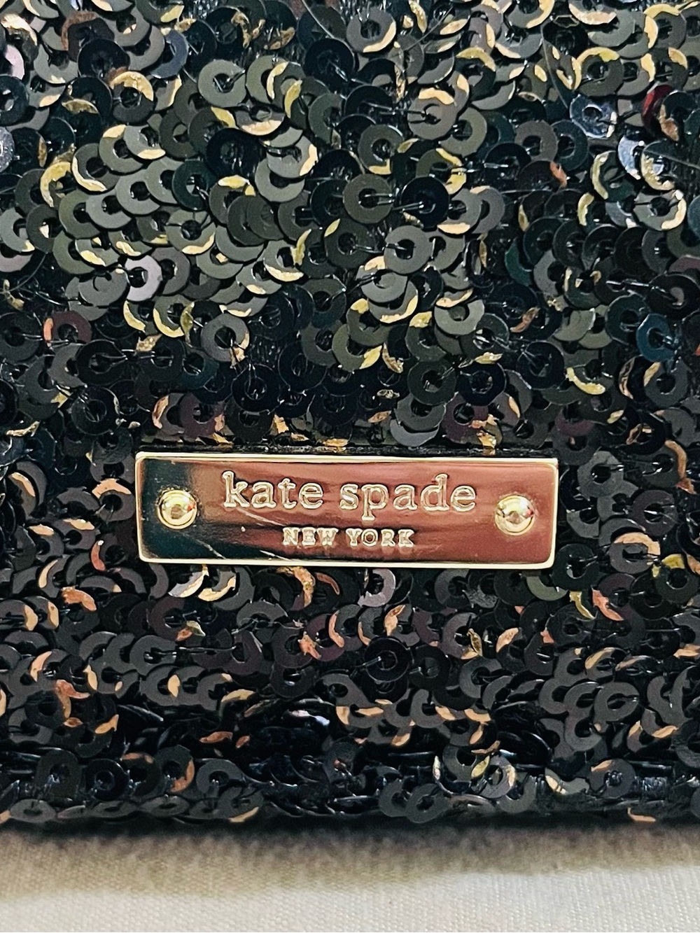 kate spade Black Sequin Clutch/crossbody with Gold Logo Plate - Storybook Lining - Picture 3 of 8